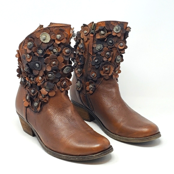 Sheridan Mia Shoes - Sheridan Mia Brown Leather Boots Floral Applique Design Side Zipper Size 38 7.5